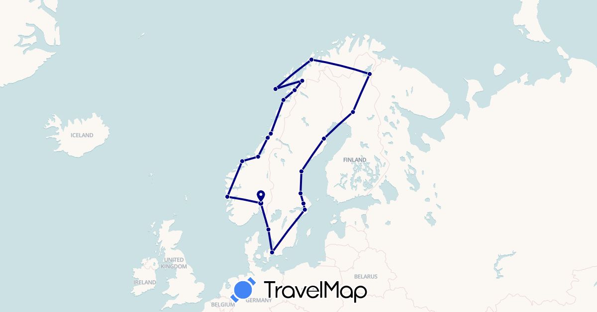TravelMap itinerary: driving in Denmark, Finland, Norway, Sweden (Europe)